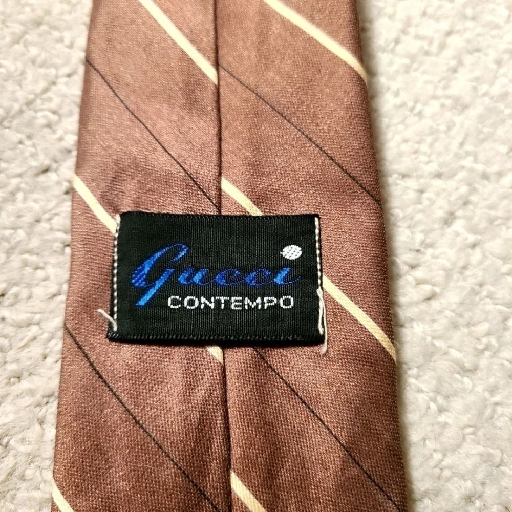 GUCCI CONTEMPO VINTAGE BROWN STRIPED DESIGNER MENS SKINNY SILK TIE - Picture 5 of 5